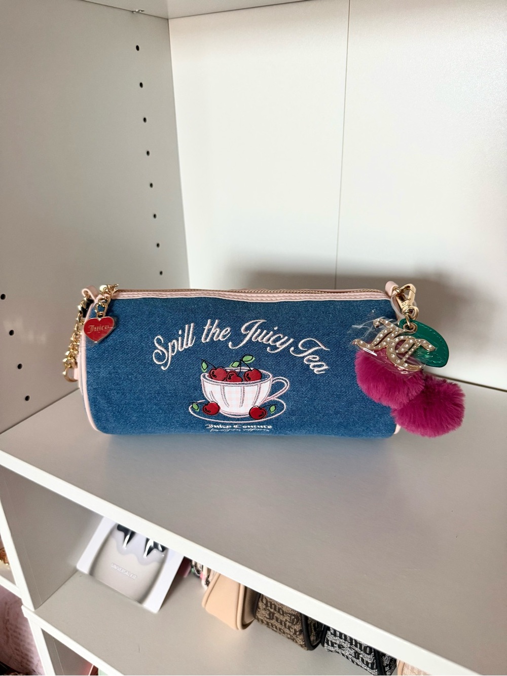 Juicy Couture “Sweet Tea Party” Shoulder Bag with Pink Trim and Fuchsia Pom